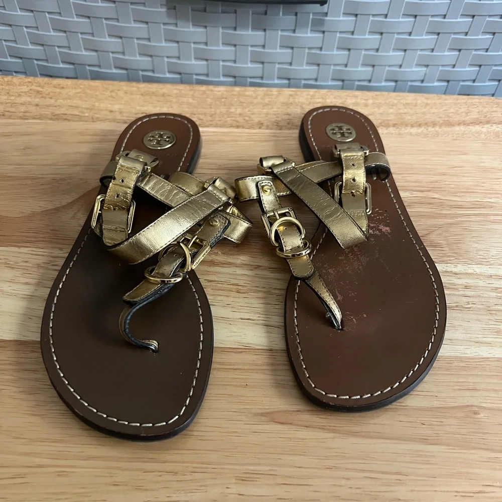 Tory Burch Trent Flat Sandals 6.5 M Gold